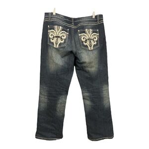 Revolt Y2K Bedazzled Pockets White Stitching Boot Cut Jeans Size 12 NA1